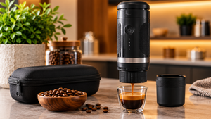 FlexiGet™ portable cordless coffee maker with a compact design, USB rechargeable, ideal for on-the-go coffee brewing.