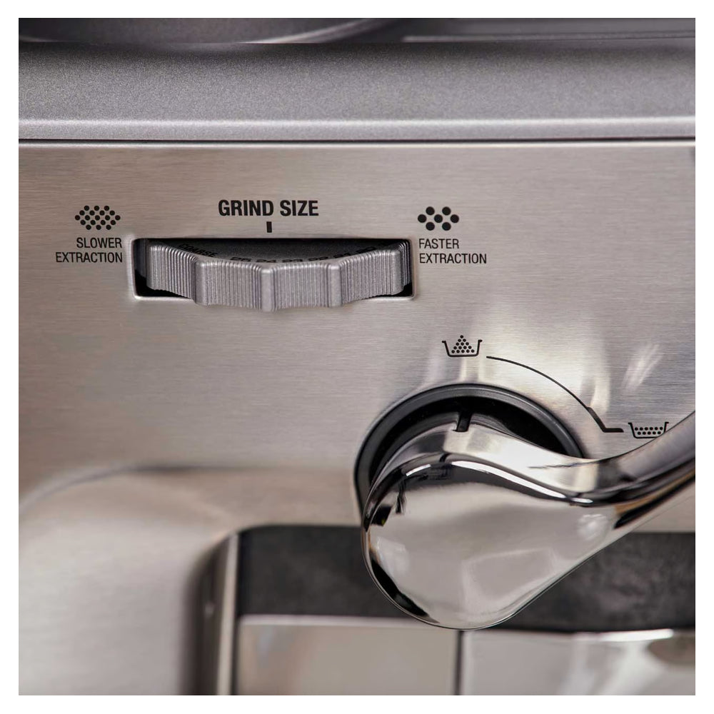 Breville Barista Express Impress Manual Coffee Machine Sea Salt BES87SST Closeup Grind Control