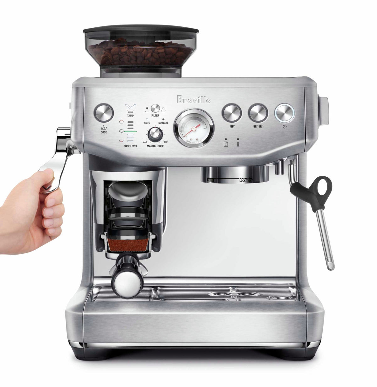 Breville Barista Express Impress Brushed Stainless Steel BES876 Tamping Graphic