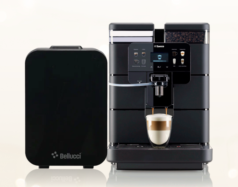 Bellucci 2L Milk Cooler BELLFRIDGE Interior View with Saeco ROYAL OTC Superautomatic Coffee Machine