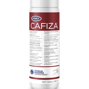 Urnex Cafiza espresso machine cleaning powder in a 566 g (20 oz) container, used for maintenance and cleaning espresso machines.