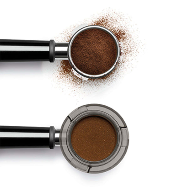 Comparison of two portafilters one using Breville Dosing Funnel BEA201 