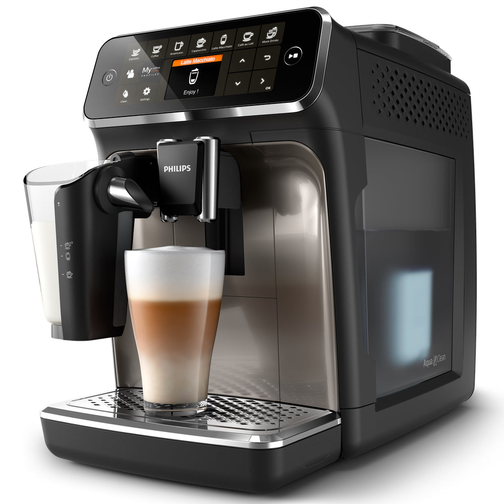 Philips Saeco EP4347/94  Side View  with view of AquaClean water filter available at Espresso Canada