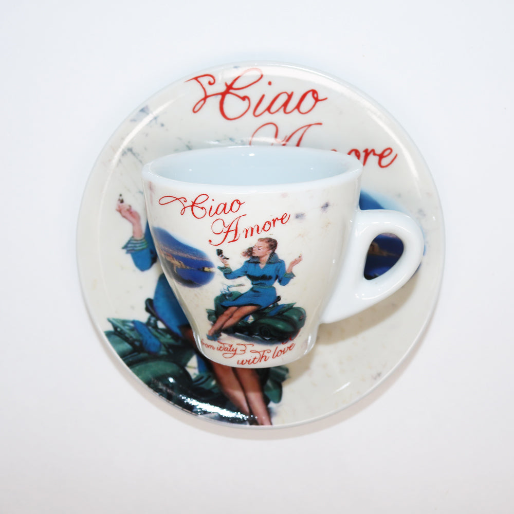 Porcelain Espresso Cup with Ciao Amore and Woman on Vespa