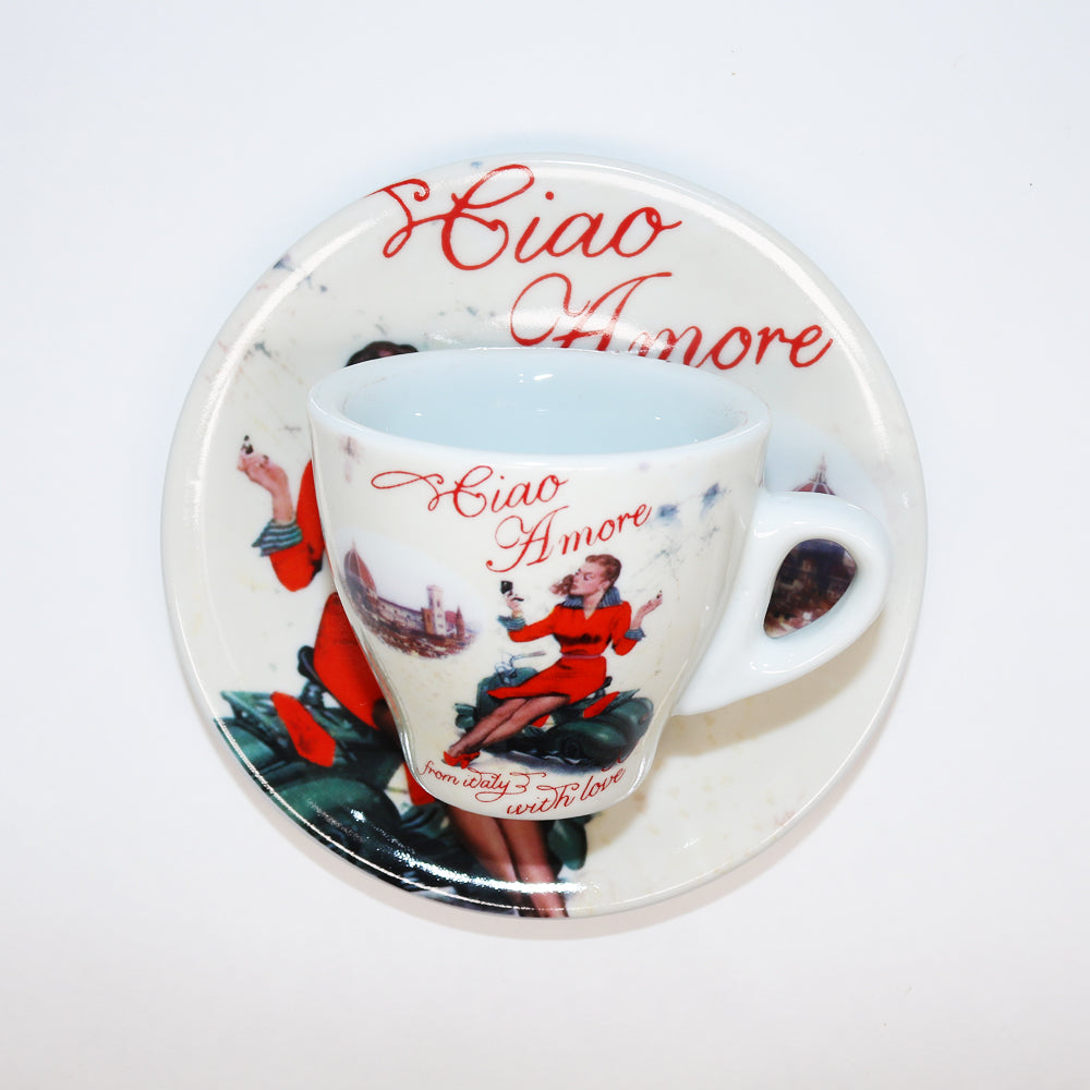 Porcelain Espresso Cup with Ciao Amore and Woman on Vespa in Red