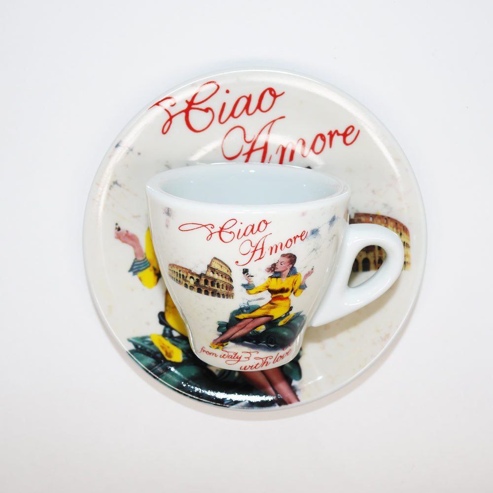 Porcelain Cup with Ciao Amore and Woman on Vespa in Yellow