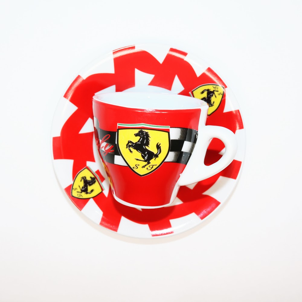 Porcelain Espresso Cup with Ferrari Emblem available at Espresso Machine Experts