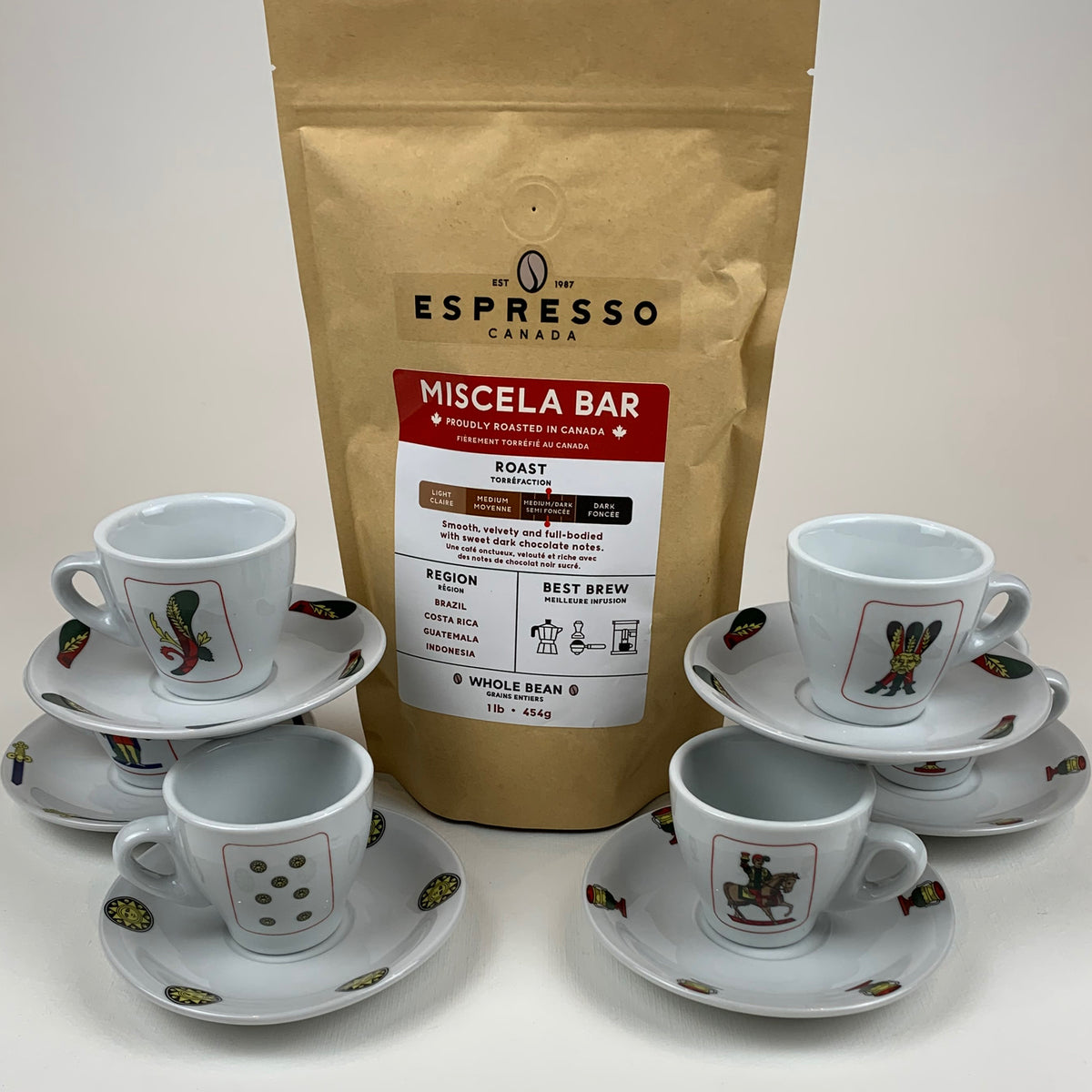 Italian playing cards espresso cups with bag of Espresso Canada Miscela Bar Coffee Beans