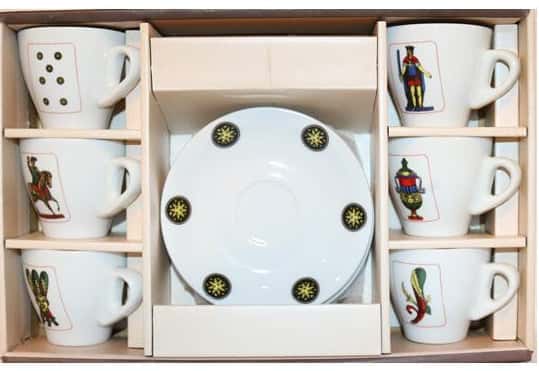 Espresso Cups⎮Porcelain 90 ml with images of Italian playing cards on front and Italian flag colours