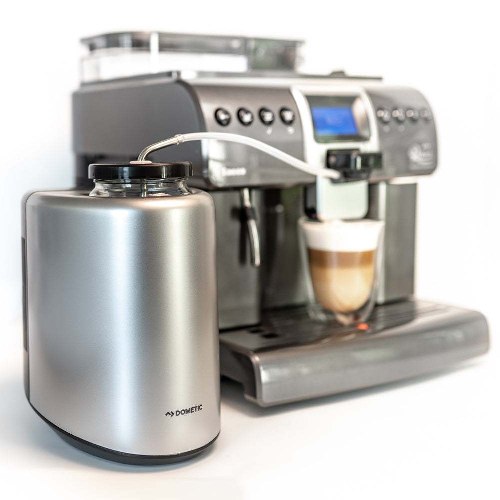 Saeco Royal One Touch  Super automatic espresso machine shown with Waeco Milk Fridge